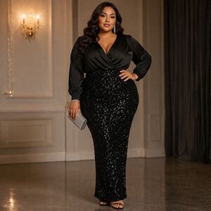 NWT RebDolls Plus Size Black Sequin Maxi Skirt. Lg. Glam Wedding Guest Formal